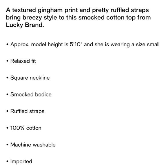 Lucky Brand Top NWT Square Neck Smock Tank Ruffled Straps Blue Gingham Womens L - Picture 6 of 6